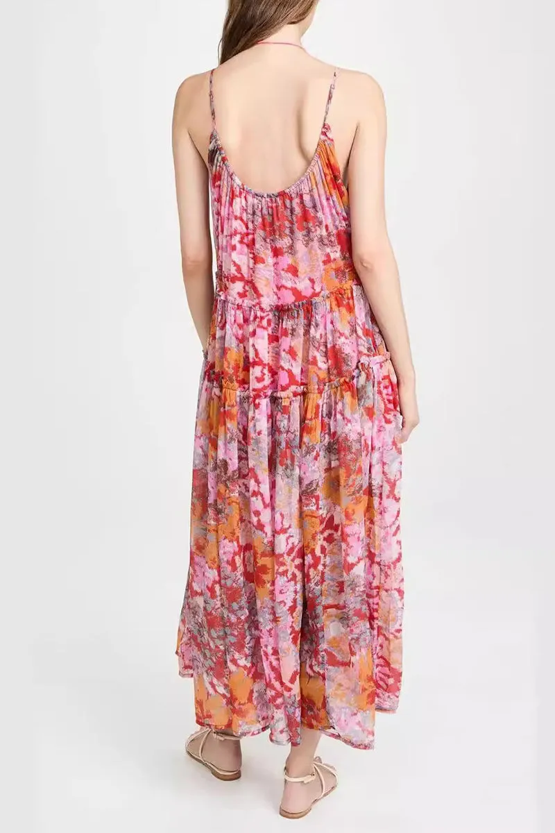 Casual Floral Fold V Neck Sleeveless Dresses