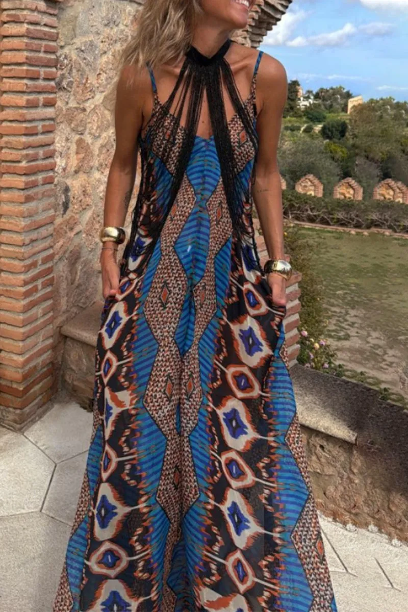 Casual Geometric Print Pocket Contrast V Neck Long Dresses