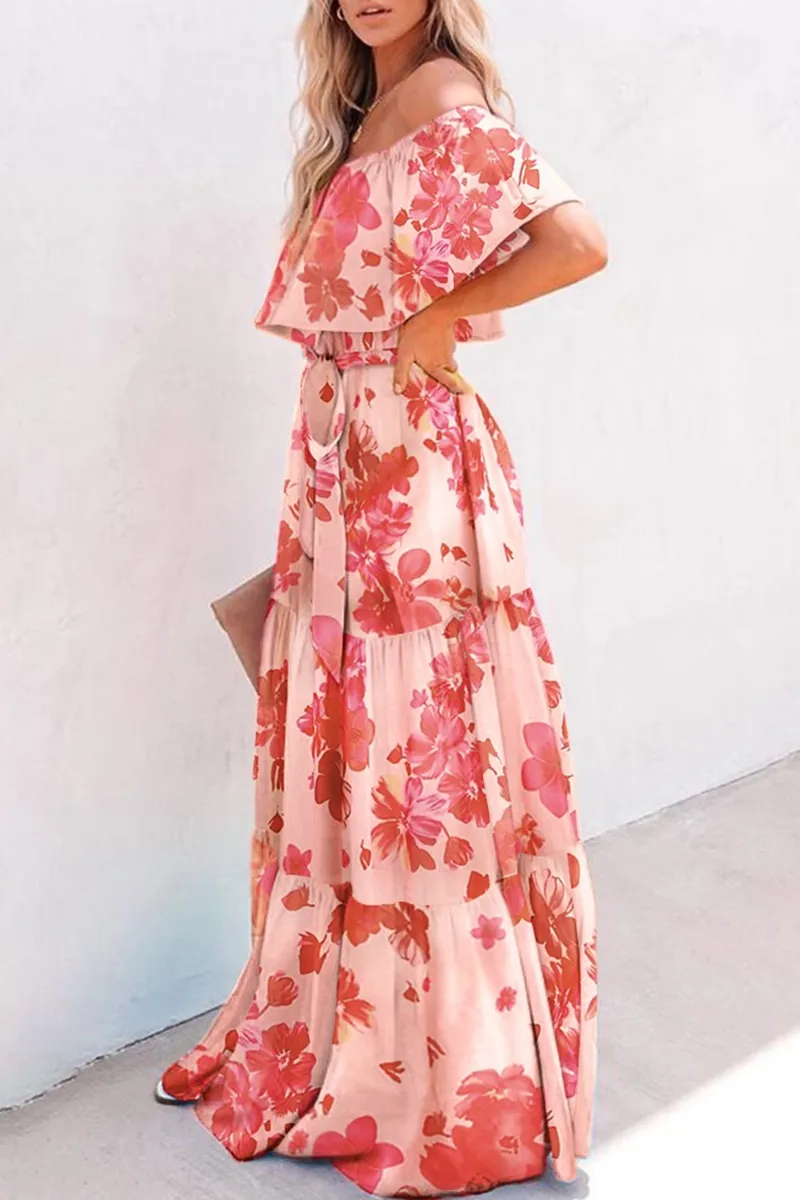 Casual Gradual Change Flounce Off the Shoulder Cake Skirt Dresses(4 Colors)