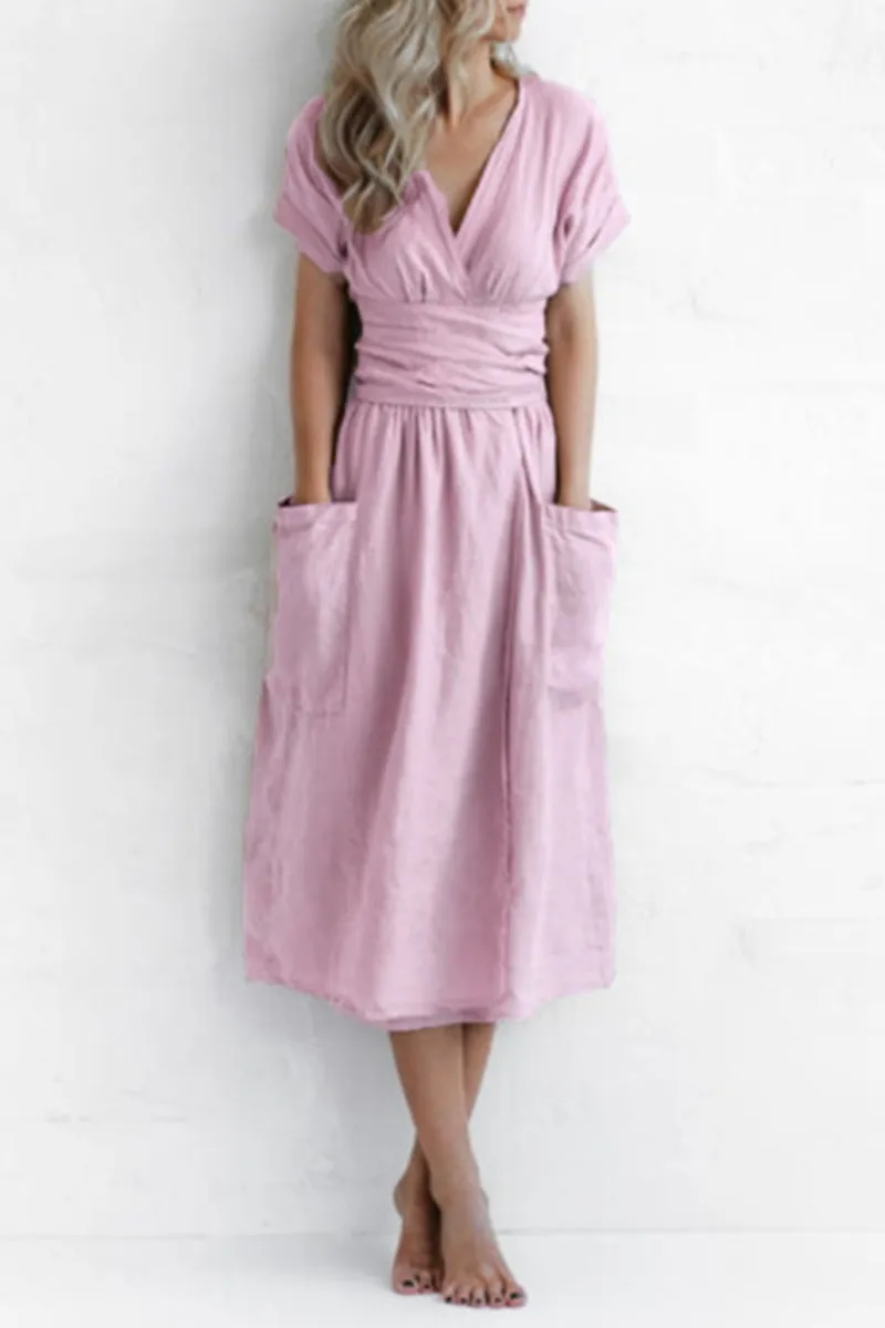 Casual Solid Bandage Pocket V Neck Short Sleeve Dress Dresses