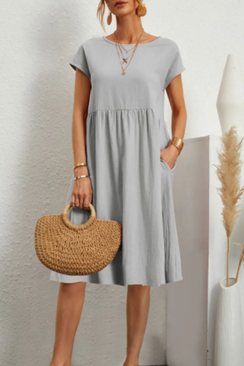 Casual Solid Patchwork O Neck A Line Short Sleeve Dress(11 Colors)