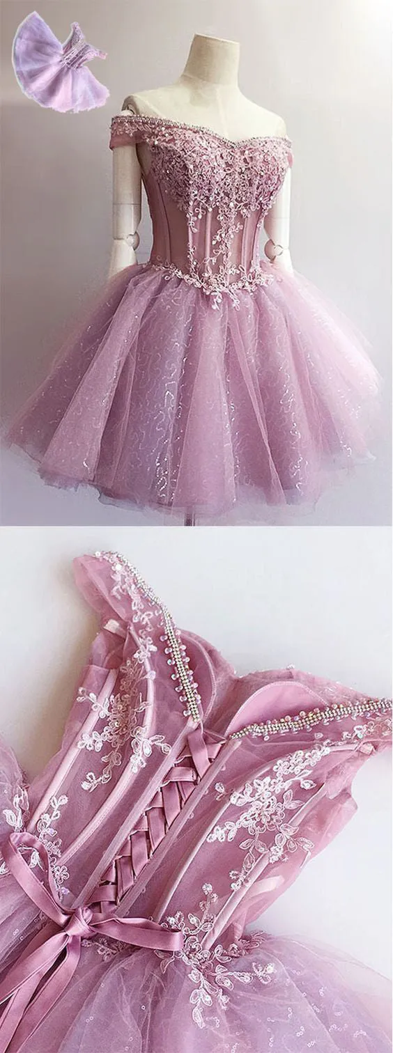 Charming Off Shoulder Princess Unique Applique Homecoming Dresses, BG51424