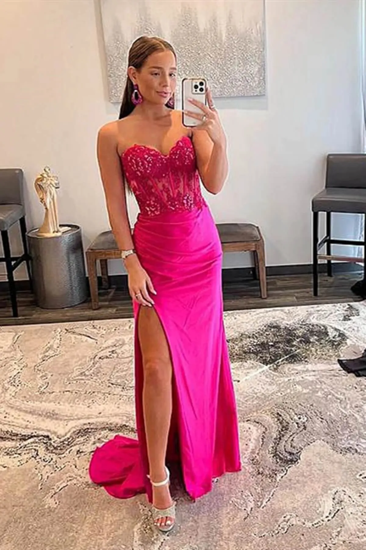 Cheap Hot Pink Lace Prom Dresses Strapless Sleeveless Formal Dress with Split