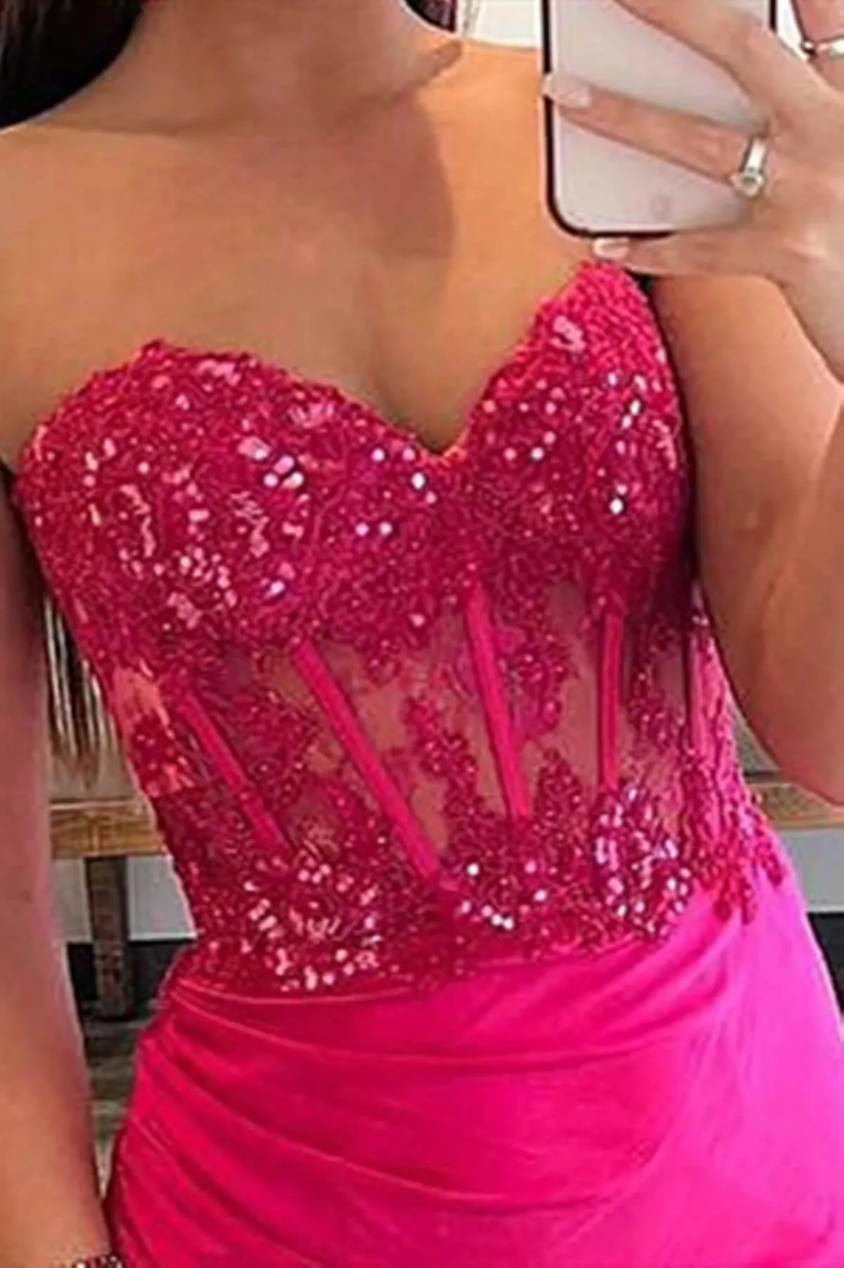 Cheap Hot Pink Lace Prom Dresses Strapless Sleeveless Formal Dress with Split