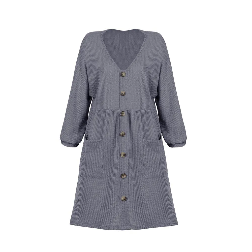 Chicindress V-Neck Buttoned Loose Knit Hem Mini Dresses