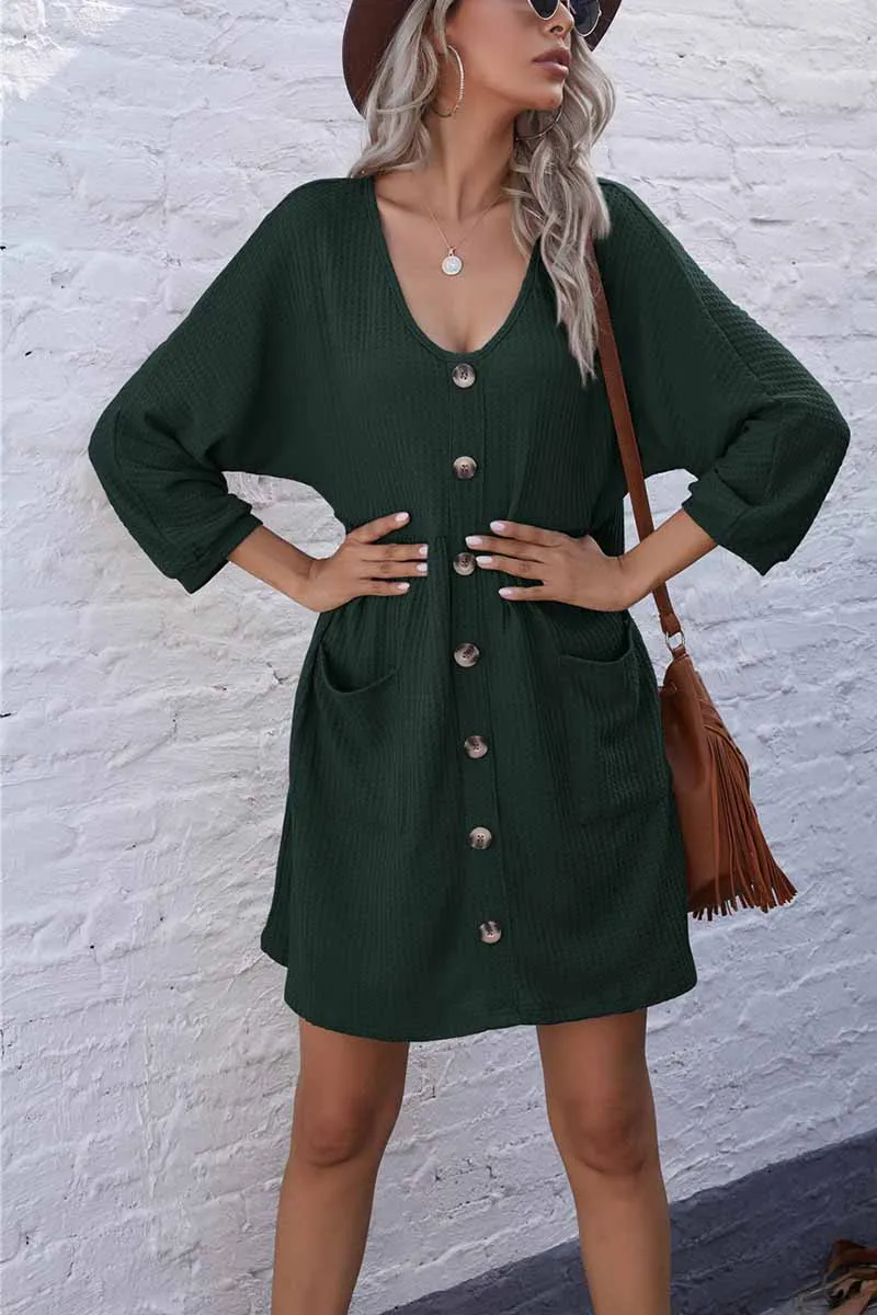 Chicindress V-Neck Buttoned Loose Knit Hem Mini Dresses