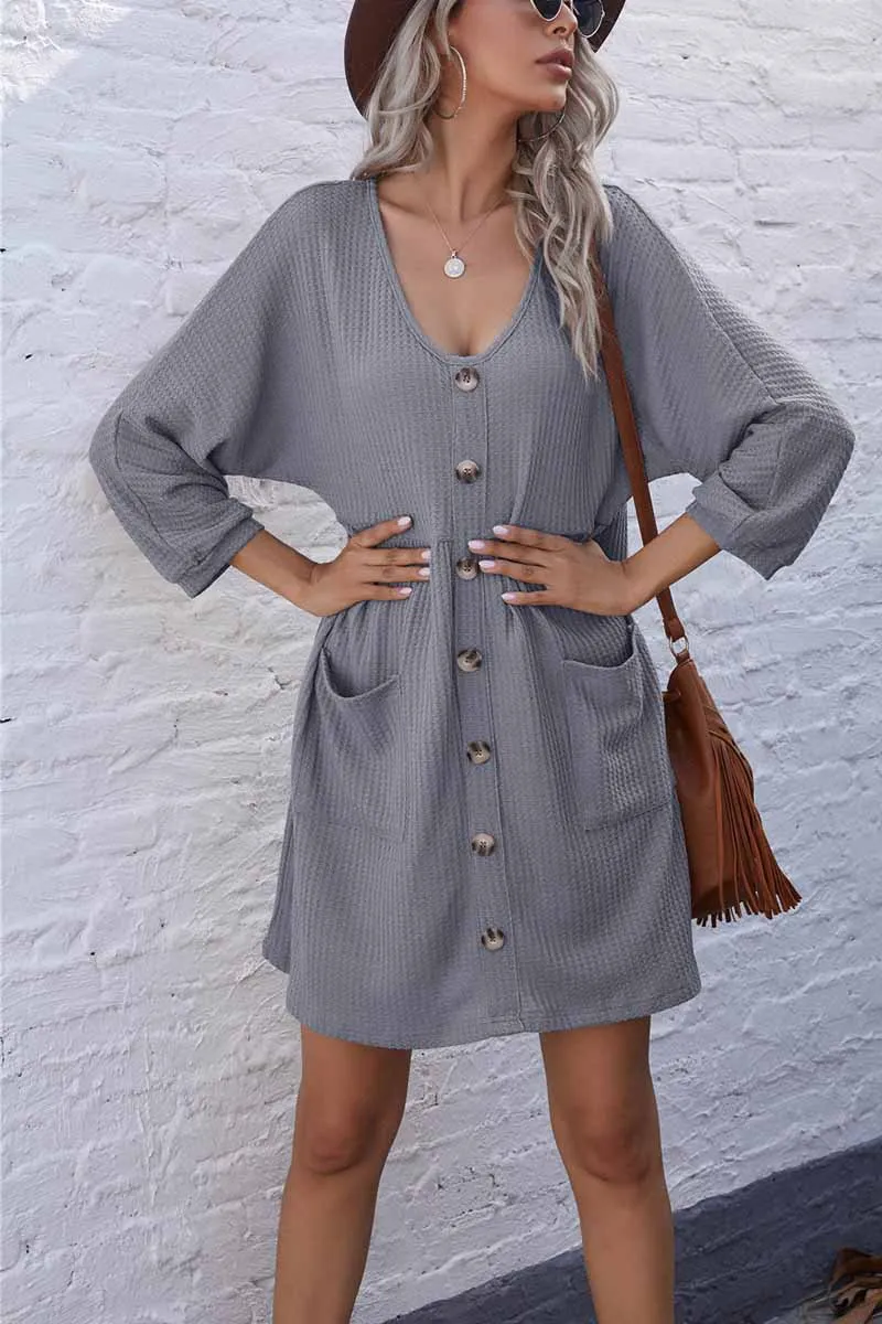 Chicindress V-Neck Buttoned Loose Knit Hem Mini Dresses