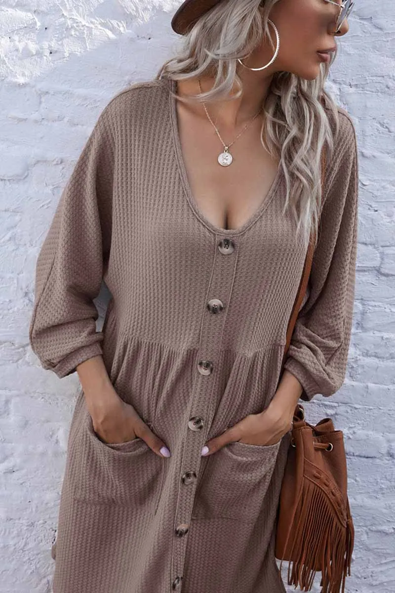 Chicindress V-Neck Buttoned Loose Knit Hem Mini Dresses