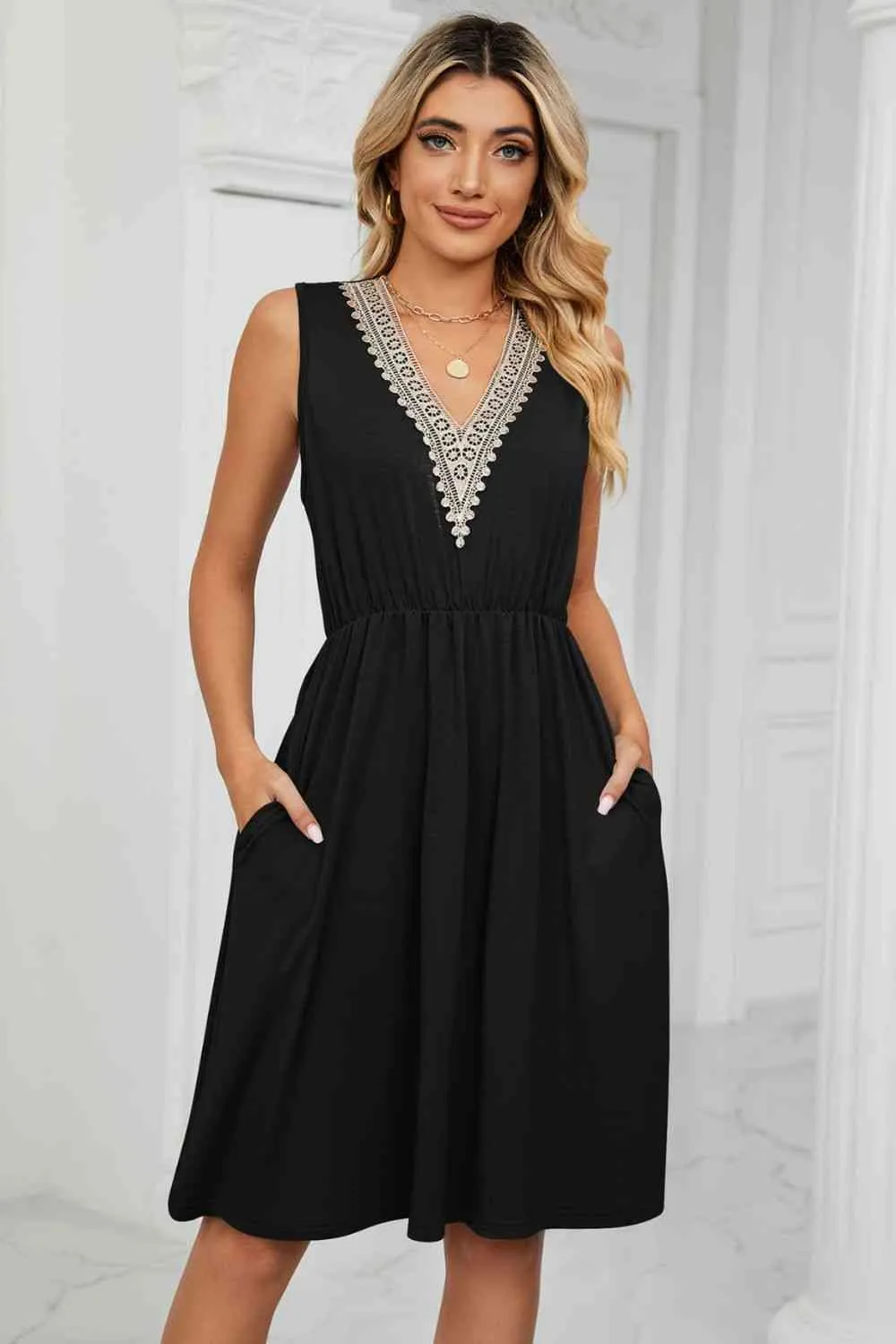 Contrast Color V-Neck Sleeveless Dress (7 Colors)