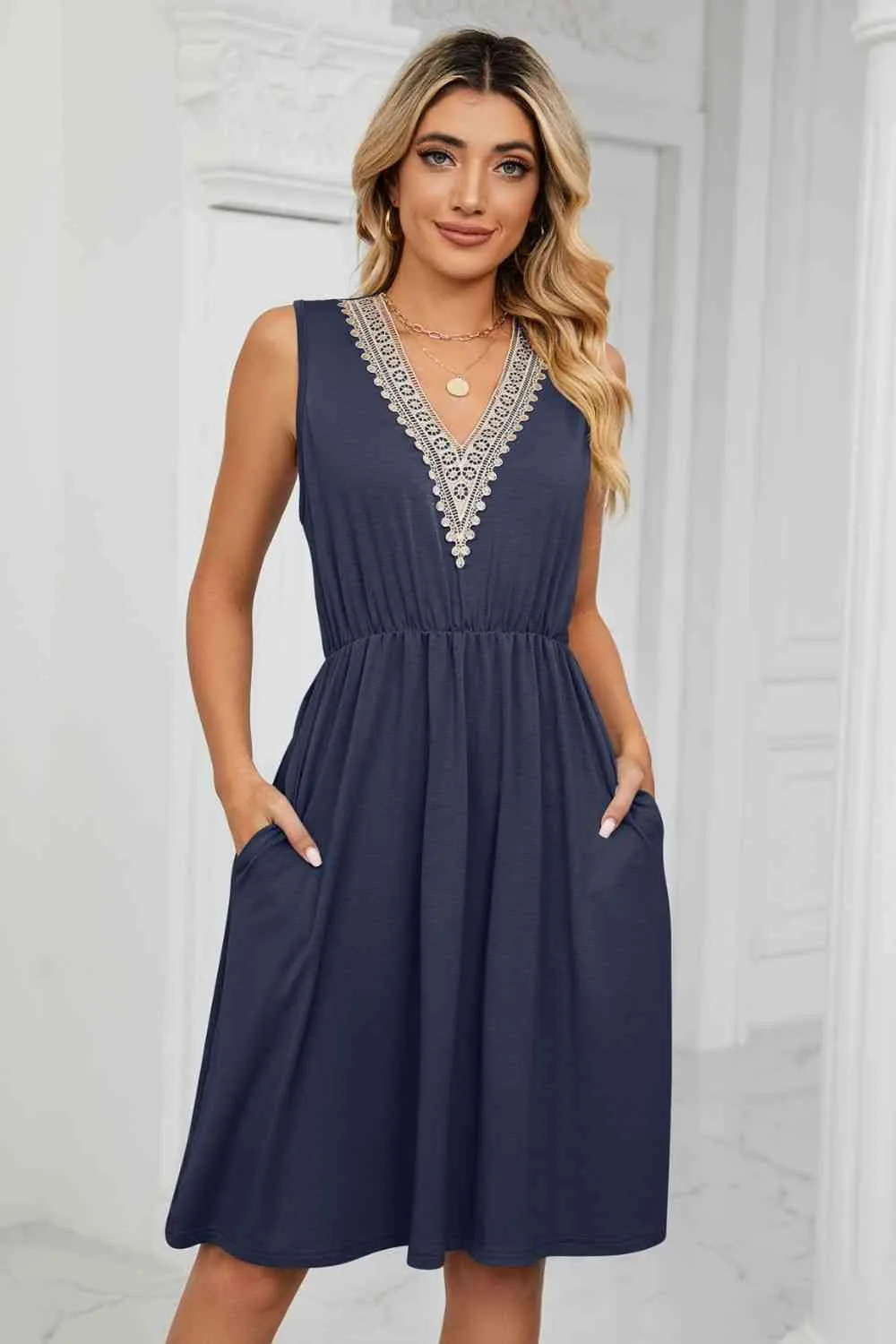 Contrast Color V-Neck Sleeveless Dress (7 Colors)