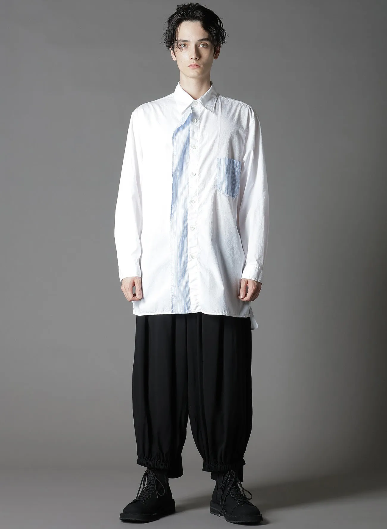 COTTON BROAD    STRIPE  SWITCHING RUFFLE SHIRTS
