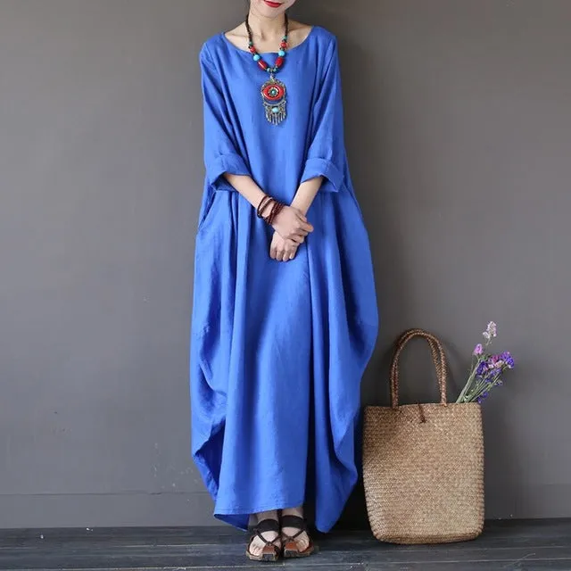 Crew-neck 3/4 Batwing Sleeve Maxi Dress Multiple Colors