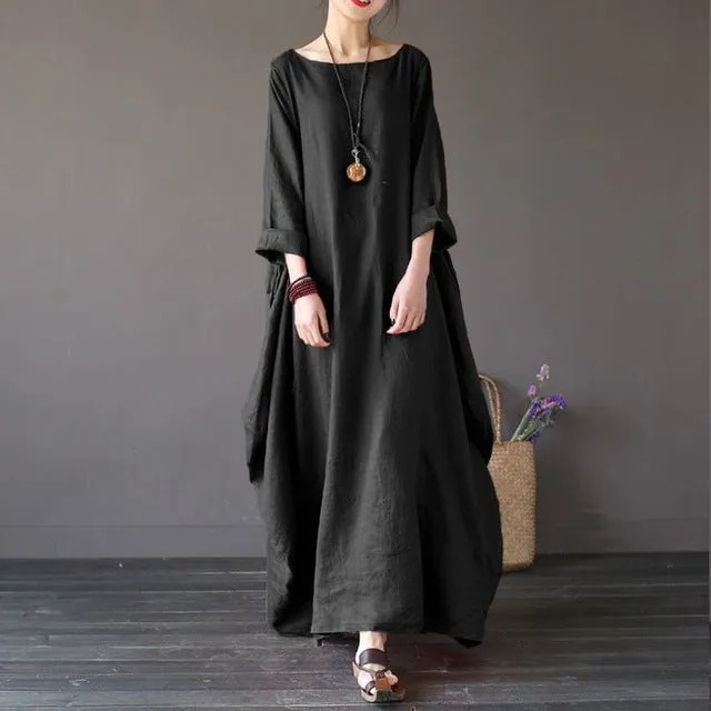 Crew-neck 3/4 Batwing Sleeve Maxi Dress Multiple Colors