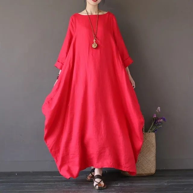 Crew-neck 3/4 Batwing Sleeve Maxi Dress Multiple Colors