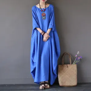 Crew-neck 3/4 Batwing Sleeve Maxi Dress Multiple Colors