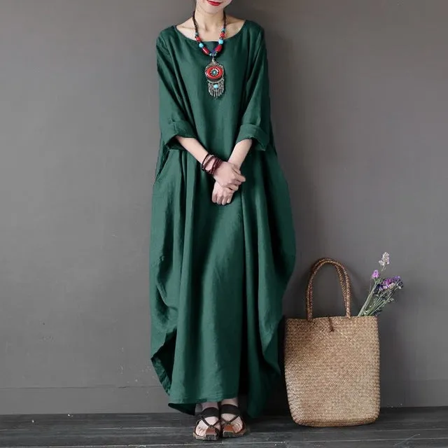 Crew-neck 3/4 Batwing Sleeve Maxi Dress Multiple Colors