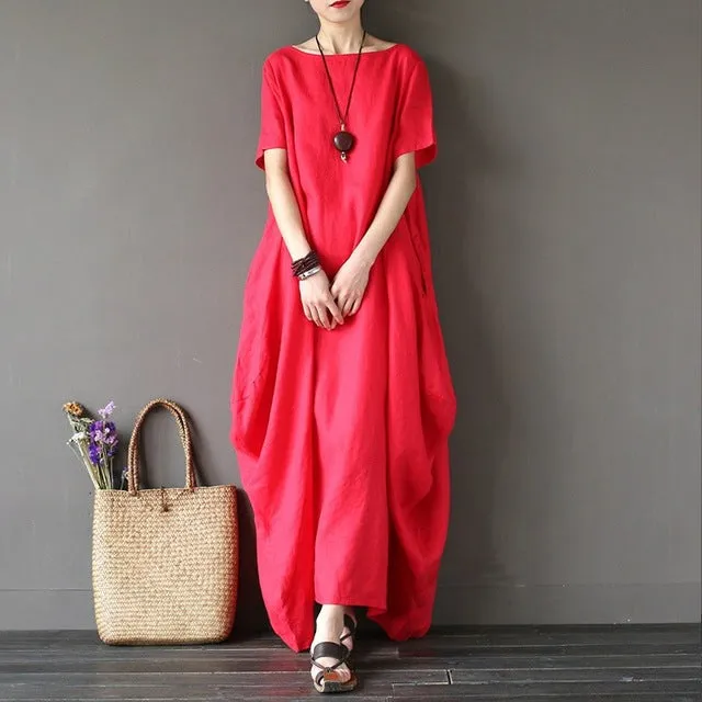 Crew-neck 3/4 Batwing Sleeve Maxi Dress Multiple Colors