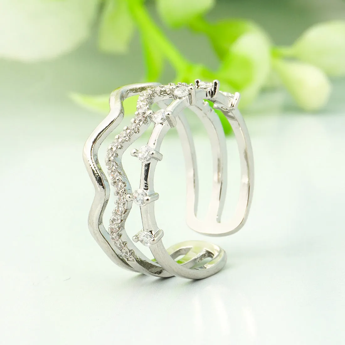 Crystal Studded Silver Layered Ring