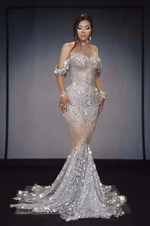 Custom Satin Beaded Strapless Catwalks High Slit Dress