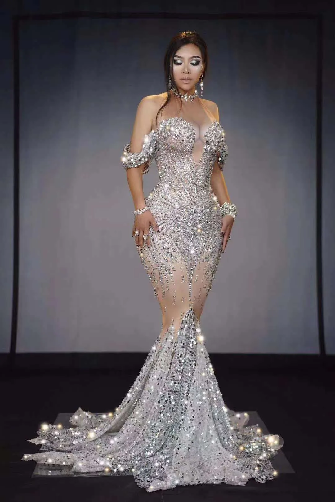 Custom Satin Beaded Strapless Catwalks High Slit Dress