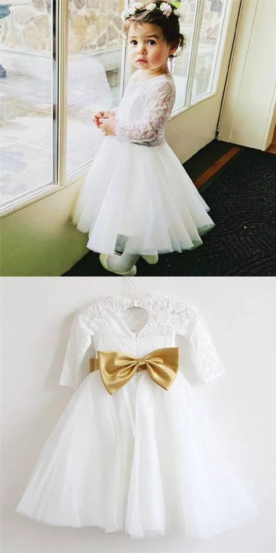 Cute A-Line Open Back Long Sleeves Tulle Long Cheap Flower Girl Dresses with Bow Knot, QB0100