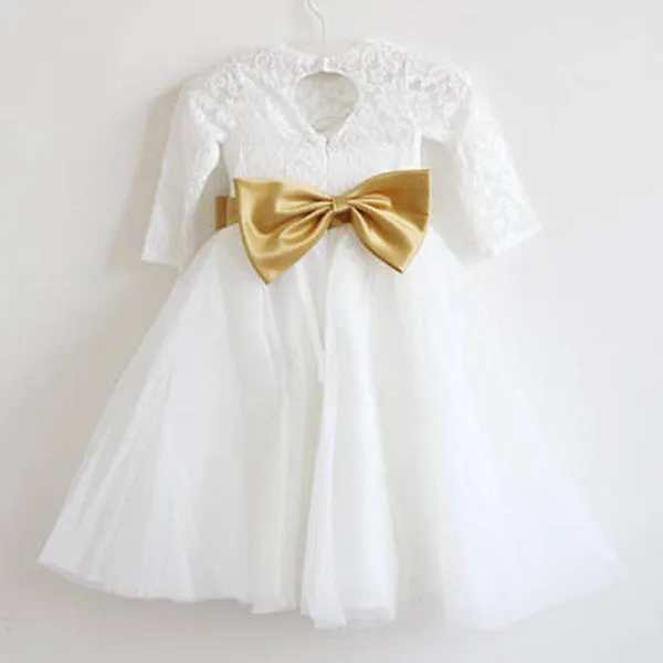 Cute A-Line Open Back Long Sleeves Tulle Long Cheap Flower Girl Dresses with Bow Knot, QB0100
