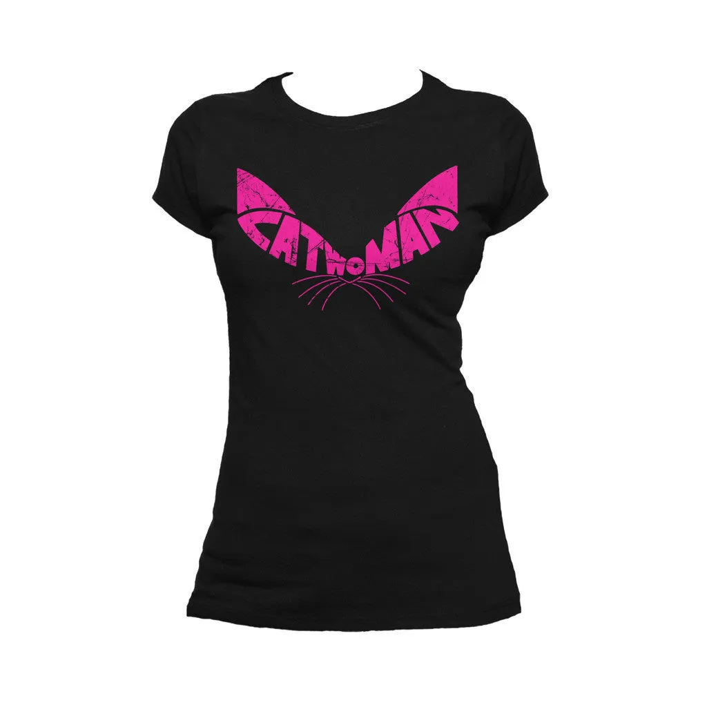DC Comics Retro Catwoman Logo Ears Distressed Official Women's T-shirt (Black)