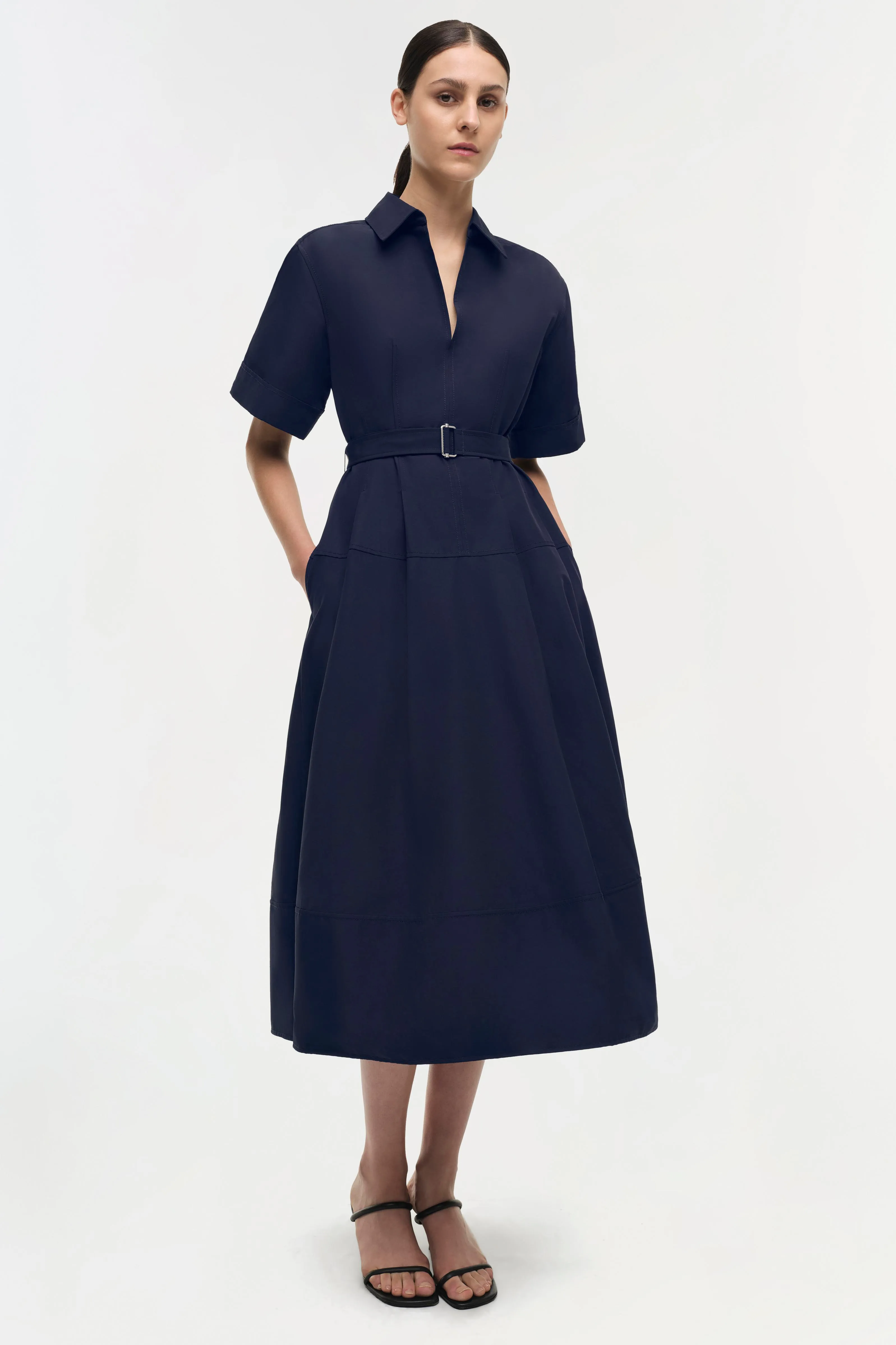 Deanna Belted Midi Dress in Midnight