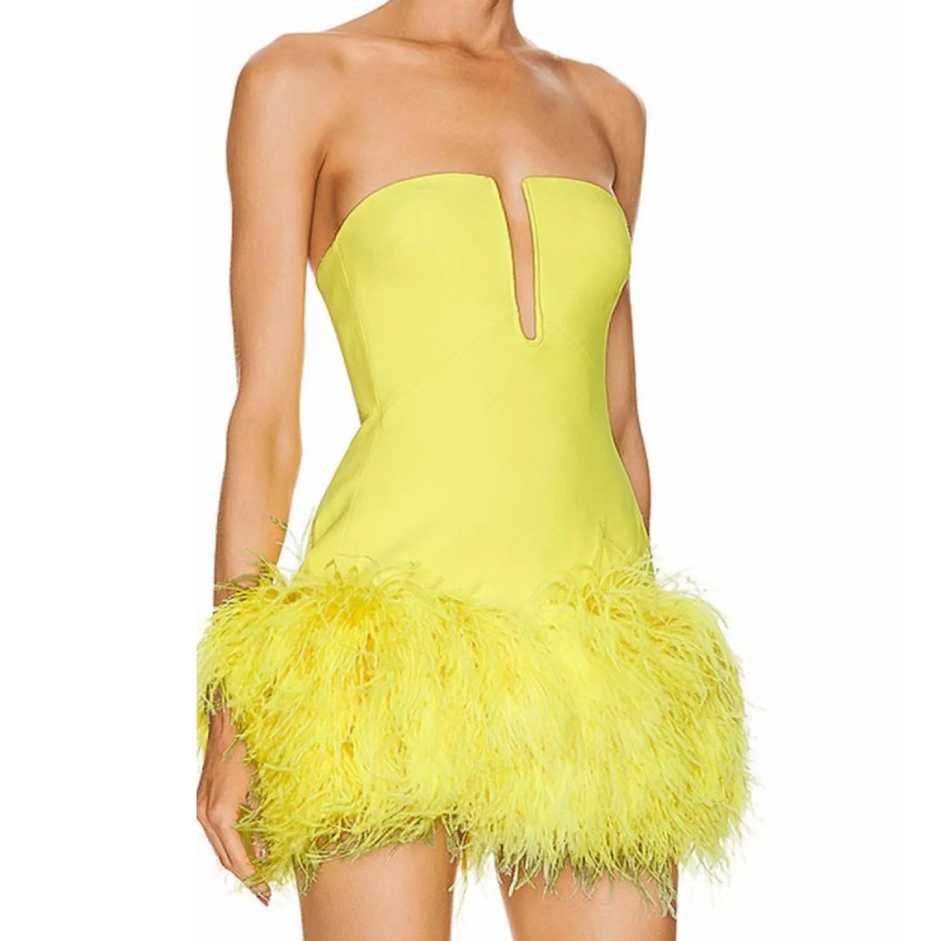 Deep V tube top ostrich feather hip-wrapped mini dress yellow