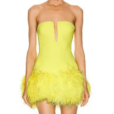 Deep V tube top ostrich feather hip-wrapped mini dress yellow