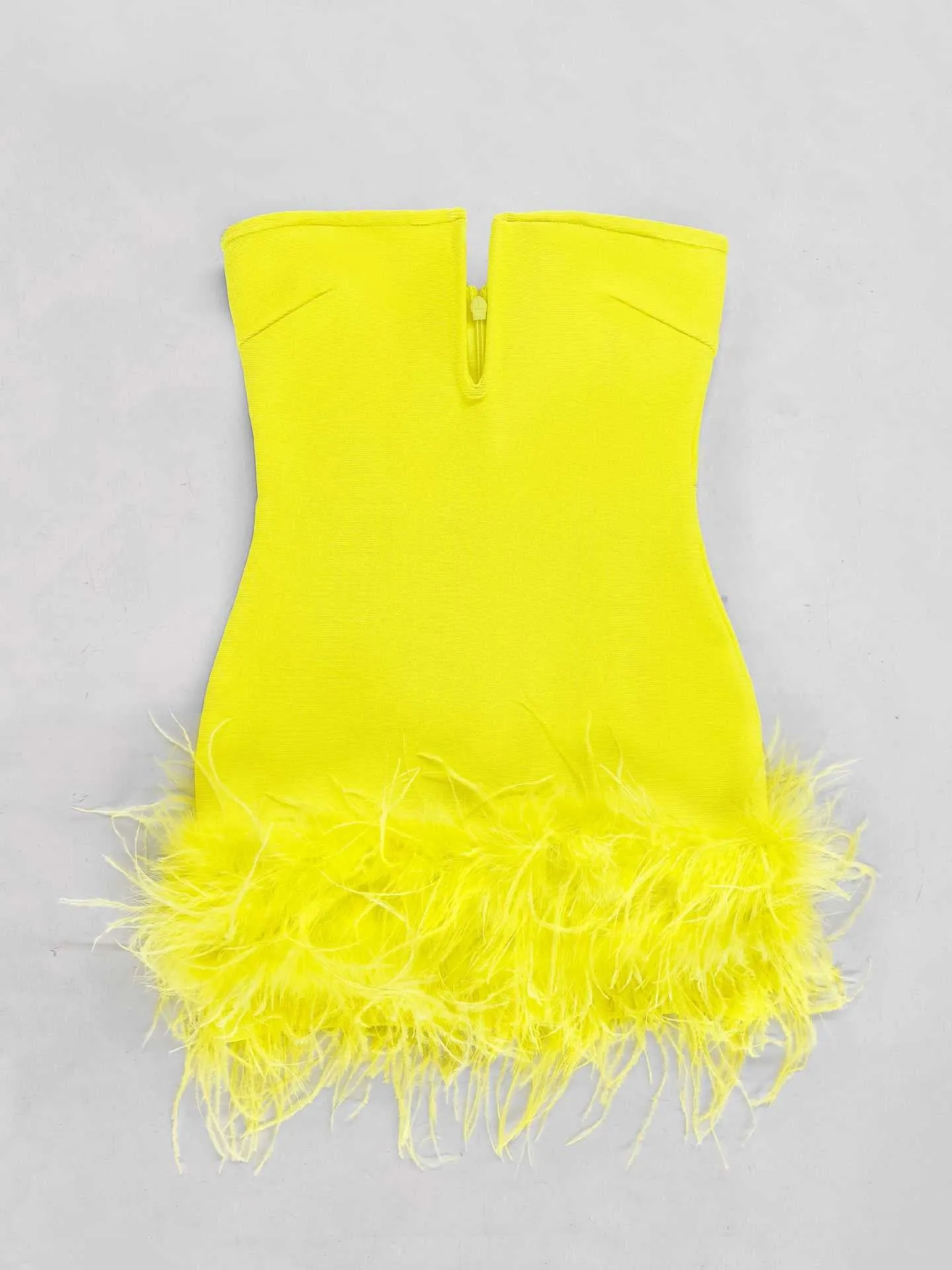 Deep V tube top ostrich feather hip-wrapped mini dress yellow