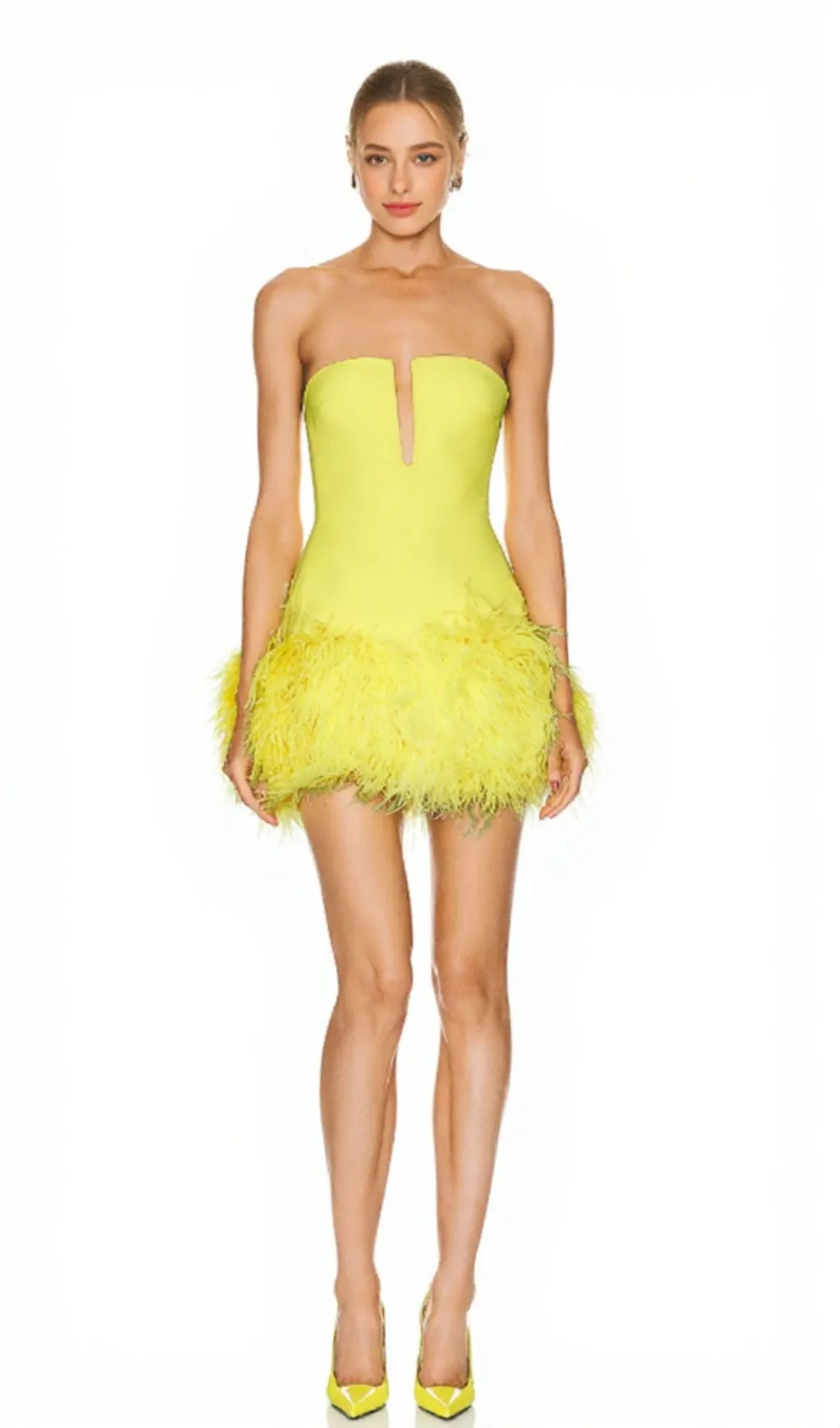 Deep V tube top ostrich feather hip-wrapped mini dress yellow