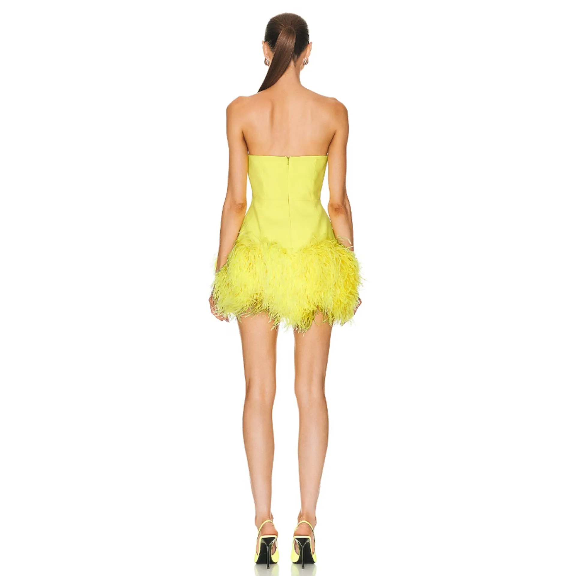 Deep V tube top ostrich feather hip-wrapped mini dress yellow