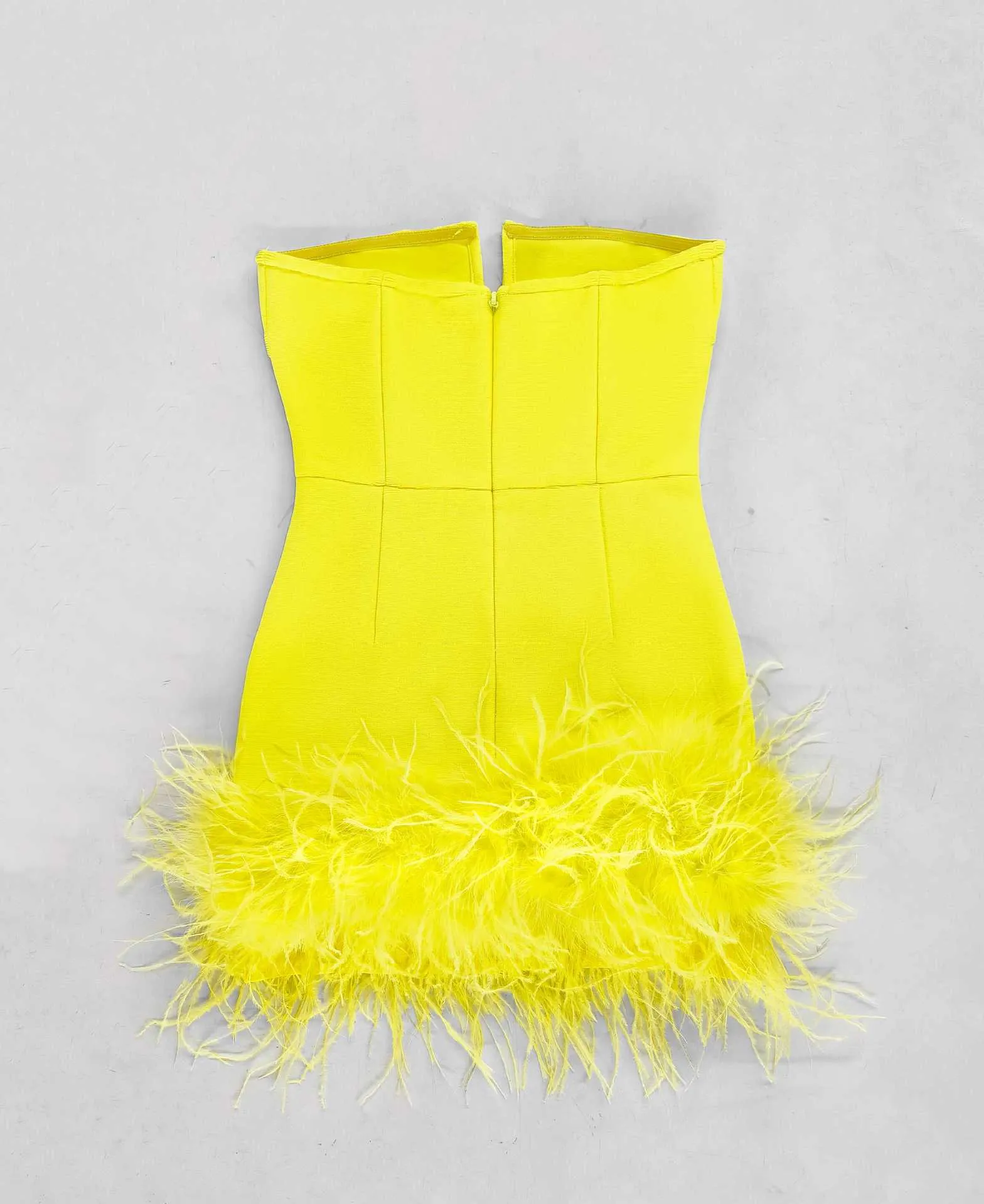 Deep V tube top ostrich feather hip-wrapped mini dress yellow