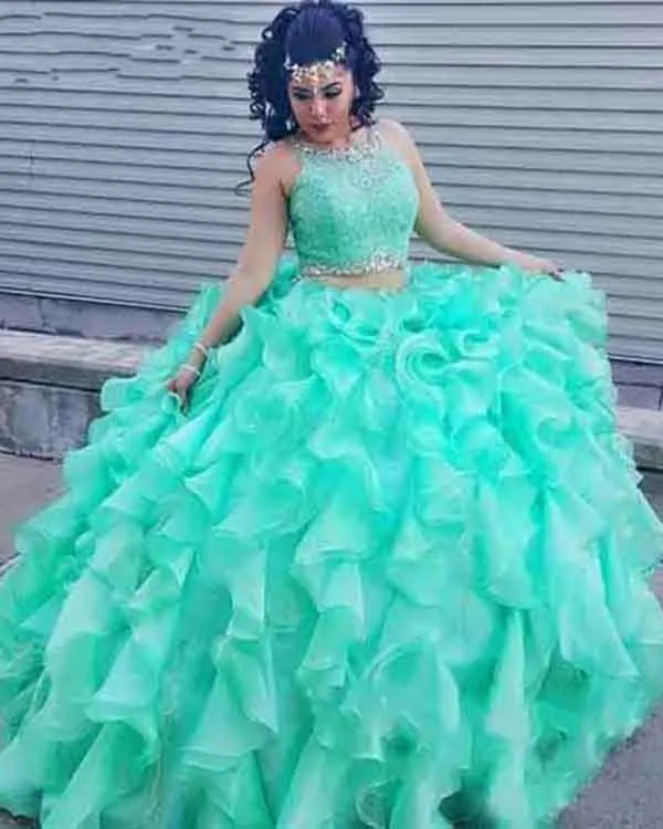 Delicate Mint Quinceanera Dresses Organza Ruffles Puffy Ball Gown 3 Piece Quince Sweet 16 Dress