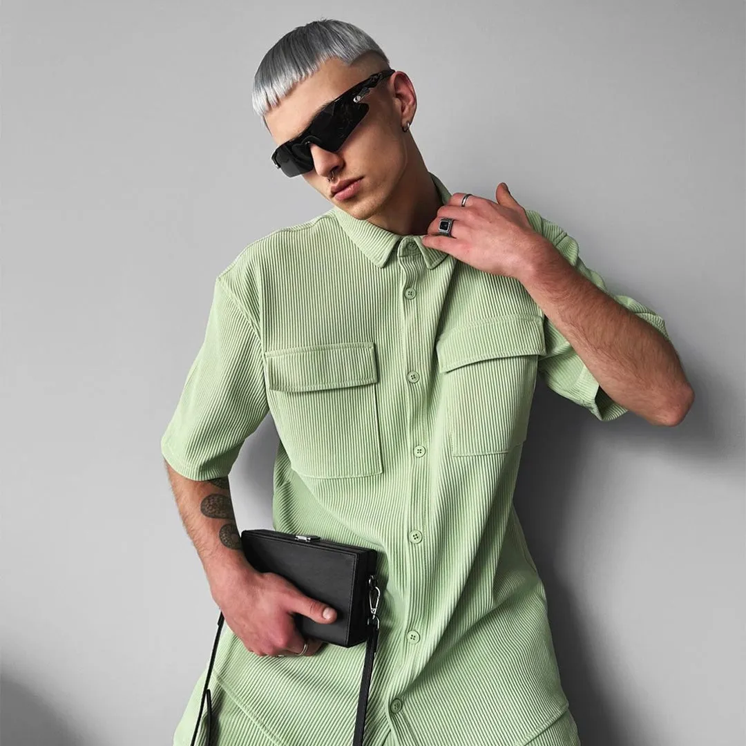 Double Pocket Half Sleeves Shirt & Trouser Set - Tea Green