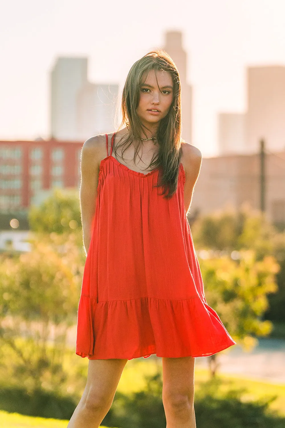 Double Strap Pintuck Bust Ruffle Hem Mini Dress