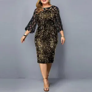 Elegant Sequin Long Sleeve Plus Size Women Midi Dress Sexy Casual Evening Party Dresses Wedding Luxury Women Robe Rouge Vestido