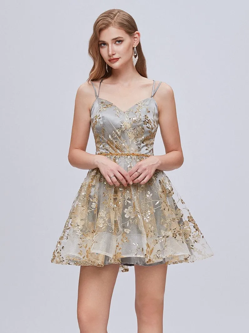 Elegant V Neck Spaghetti Strap A Line Backless Homecoming Dresses