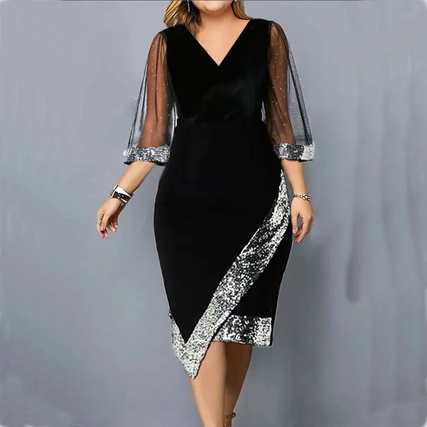 Elegant Women&#39;s Plus Size Dress 2023 New Sequin Evening V Neck Mesh Sleeve Spring Summer Casual Midi Black Dresses For Women