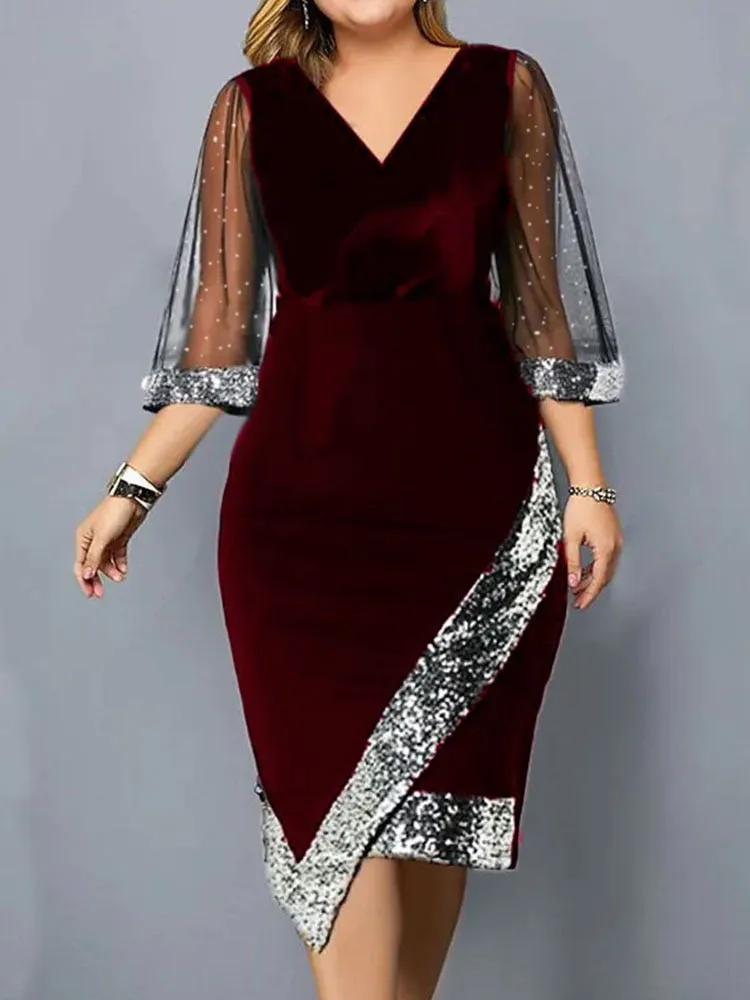 Elegant Women&#39;s Plus Size Dress 2023 New Sequin Evening V Neck Mesh Sleeve Spring Summer Casual Midi Black Dresses For Women
