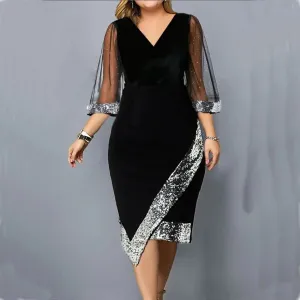 Elegant Women&#39;s Plus Size Dress 2023 New Sequin Evening V Neck Mesh Sleeve Spring Summer Casual Midi Black Dresses For Women
