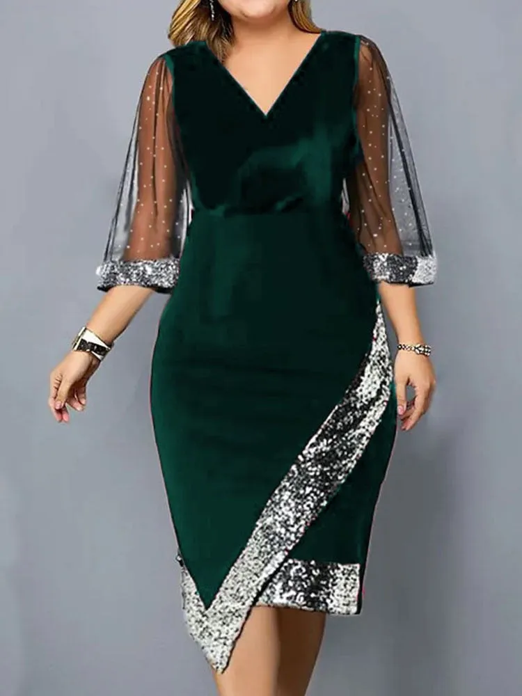 Elegant Women&#39;s Plus Size Dress 2023 New Sequin Evening V Neck Mesh Sleeve Spring Summer Casual Midi Black Dresses For Women