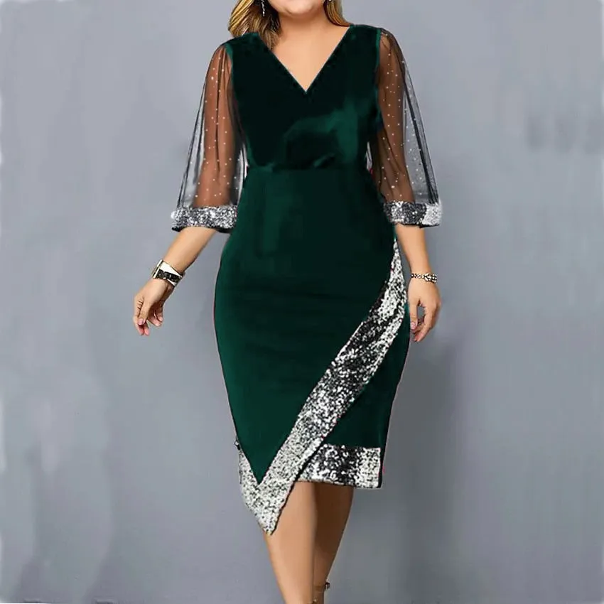 Elegant Women&#39;s Plus Size Dress 2023 New Sequin Evening V Neck Mesh Sleeve Spring Summer Casual Midi Black Dresses For Women