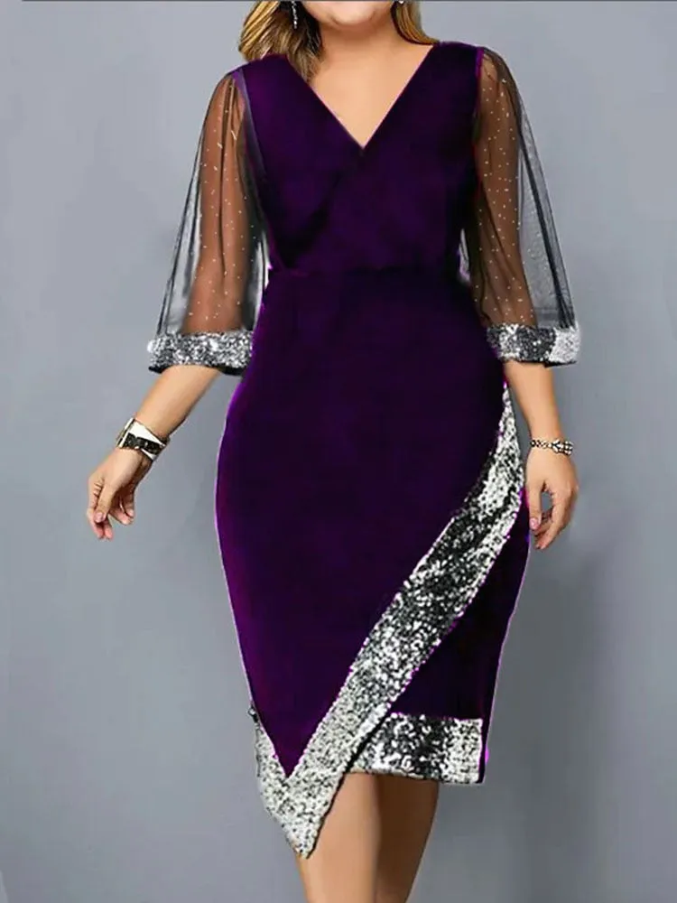 Elegant Women&#39;s Plus Size Dress 2023 New Sequin Evening V Neck Mesh Sleeve Spring Summer Casual Midi Black Dresses For Women