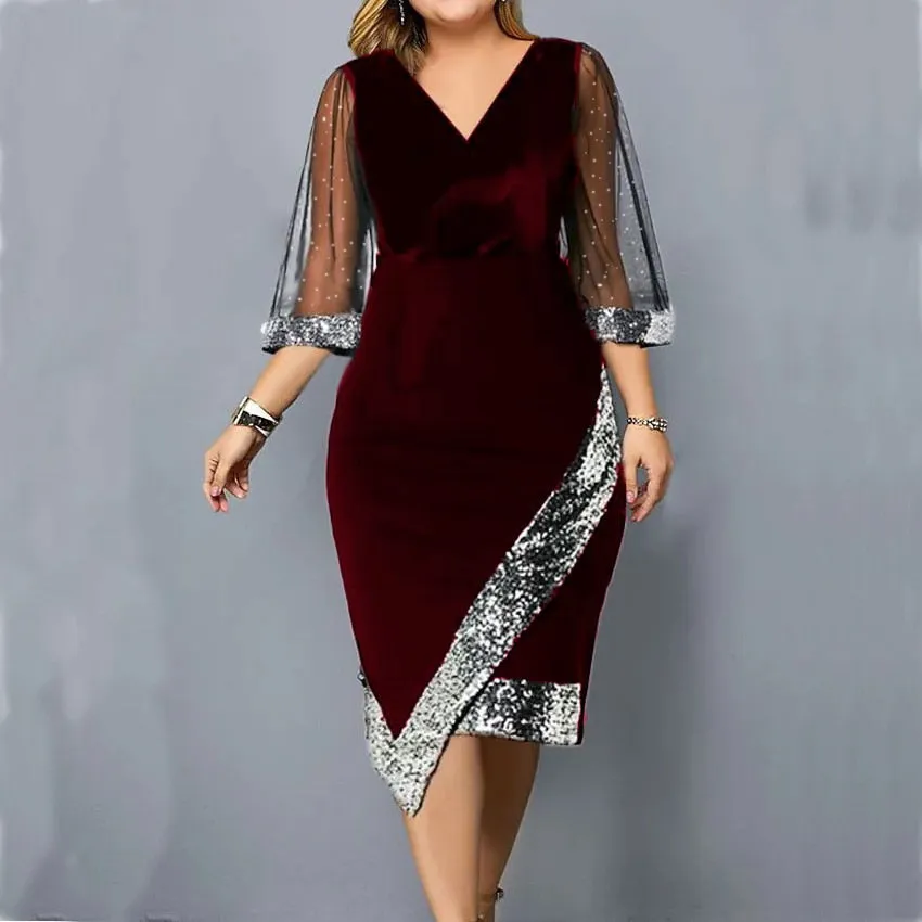 Elegant Women&#39;s Plus Size Dress 2023 New Sequin Evening V Neck Mesh Sleeve Spring Summer Casual Midi Black Dresses For Women