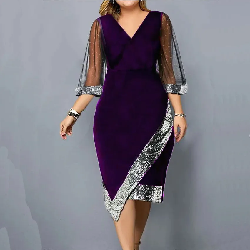 Elegant Women&#39;s Plus Size Dress 2023 New Sequin Evening V Neck Mesh Sleeve Spring Summer Casual Midi Black Dresses For Women
