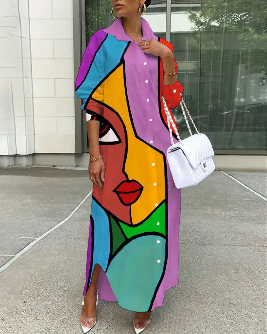 Face Line Art Loose Shirt Button Dress