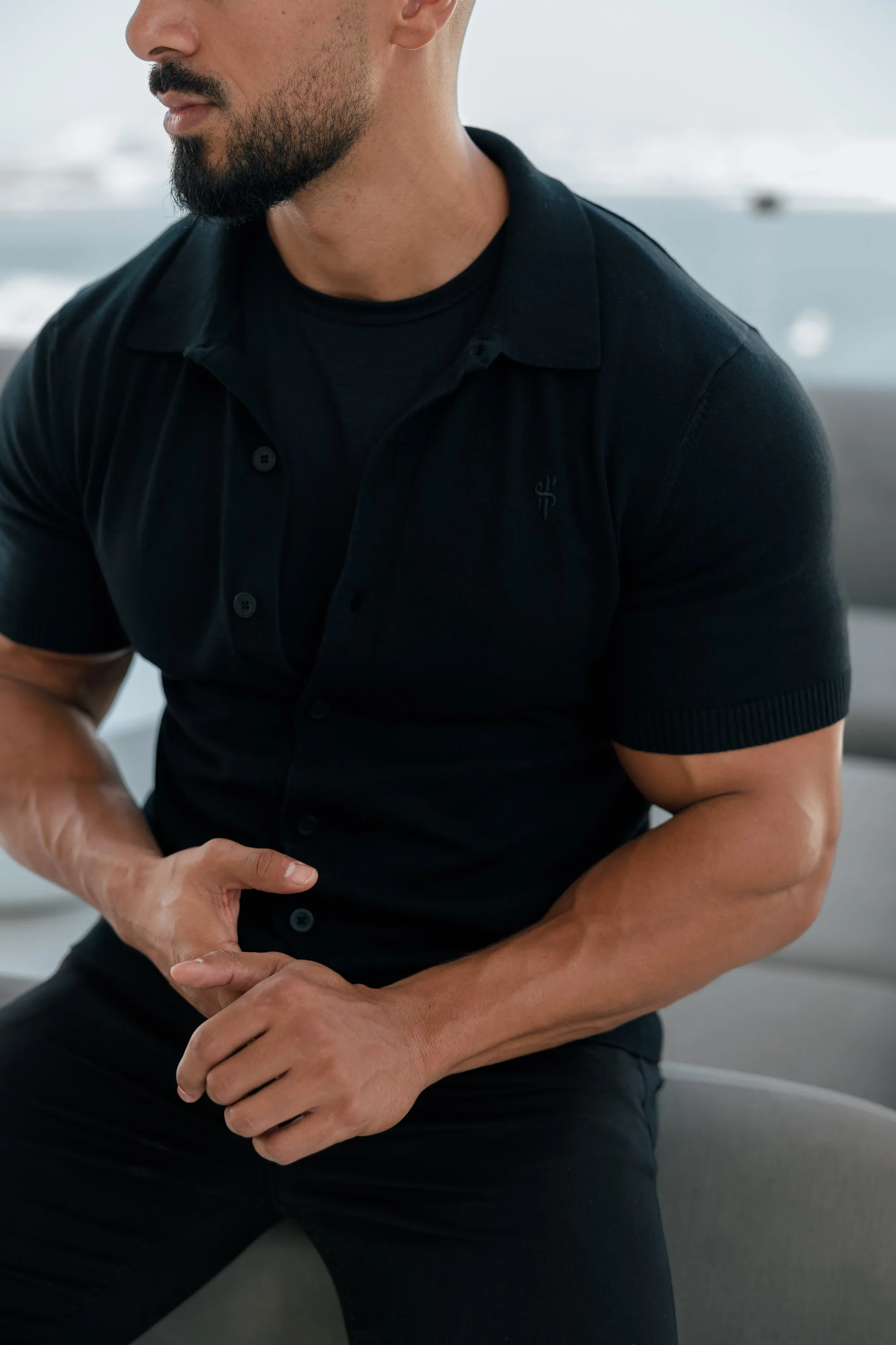 Father Sons Classic Plain Black Knitted Button Through Polo Short Sleeve - FSN101