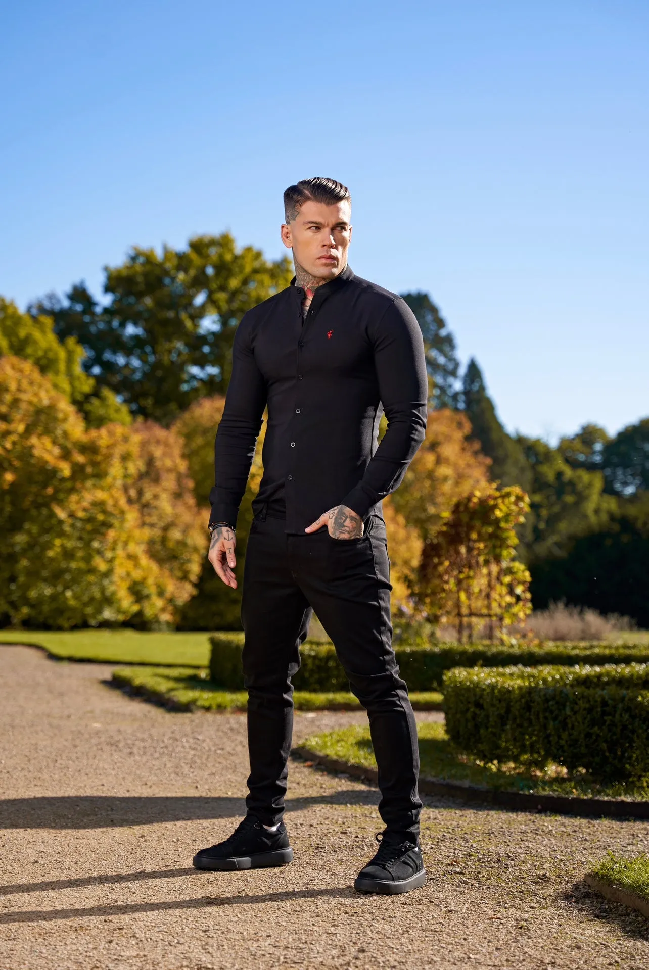 Father Sons Super Slim Scuba Black Long Sleeve Stretch With Grandad Collar - FS931